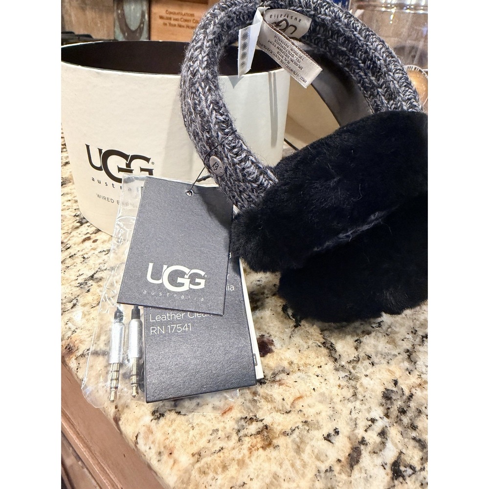 UGG Australia Wired Earmuffs Black Gray Shearling Speakers Mic NWT w Box